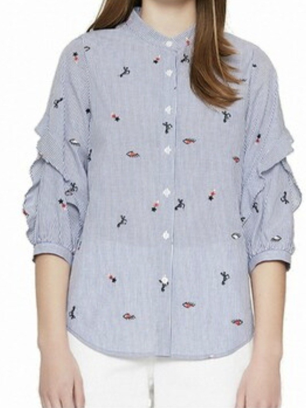 ​Olivia Lauren Blue Striped Embroidered Blouse M Korean Fashion Preppy Office